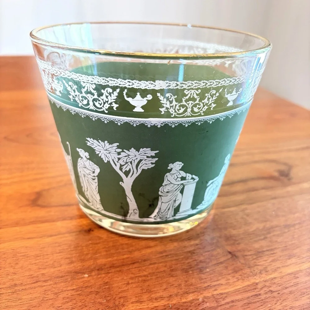 Vintage 1960s Jeanette Glass Green Hellenic Small Glass Ice Bucket MCM